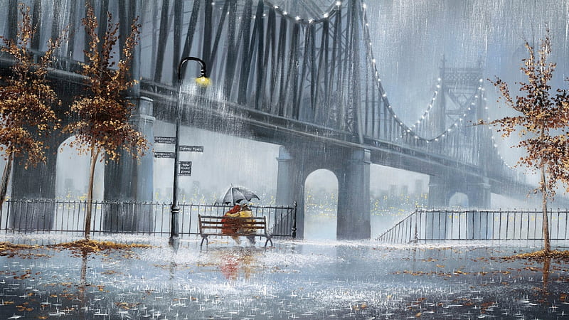 Love in the rain, Umbrella, rain, Couple, Bridge, HD wallpaper