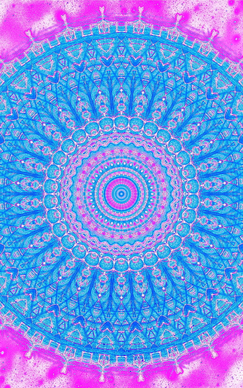 Luminous Mandala, blue, bright, corazones, neon, pattern, pink, shapes, symmetrical, symmetry, HD phone wallpaper