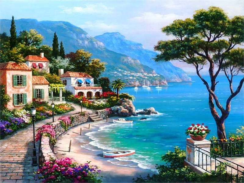 View, sun, relaxing place, sea, boats, painting, flowers, beauty, streets, mediterranean, houses, colors, trees, water, summer, nature, coast, HD wallpaper