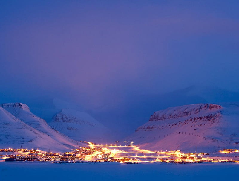 Longyearbyen - Svalbard, Towns and Cities, Islands, Svalbard, Longyearbyen, Night Lights, HD wallpaper