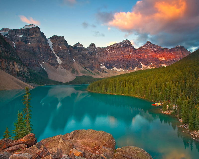 720P free download | Sunrise on Moraine Lake Canada, forest, trees, sky ...