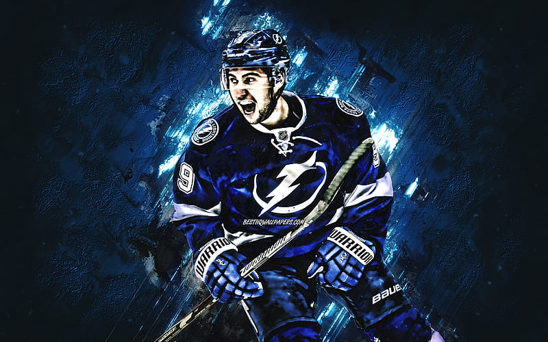 Tyler Johnson, Tampa Bay Lightning, portrait, american hockey player, blue stone background, NHL, USA, hockey, HD wallpaper