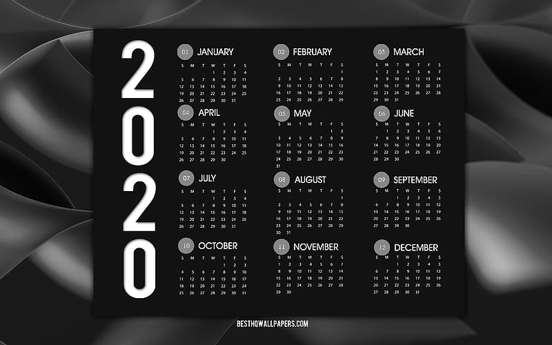 Black 2020 Calendar, all months, black abstract wave background, 2020 concepts, New Year 2020, calendars, HD wallpaper