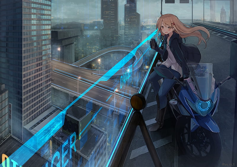 anime girl, futuristic city, skyscraper, motorcycle, blonde, sci-fi, bridge, Anime, HD wallpaper