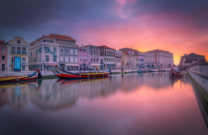 Towns, Aveiro, Boat, Building, Canal, Dawn, House, Portugal, HD wallpaper