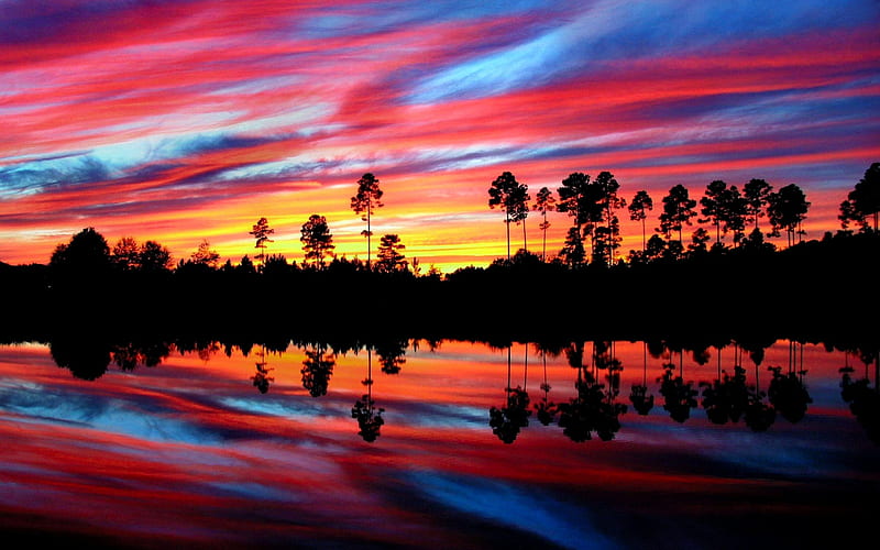 Lakeside Sunset, water, sky, reflection, trees, colors, HD wallpaper
