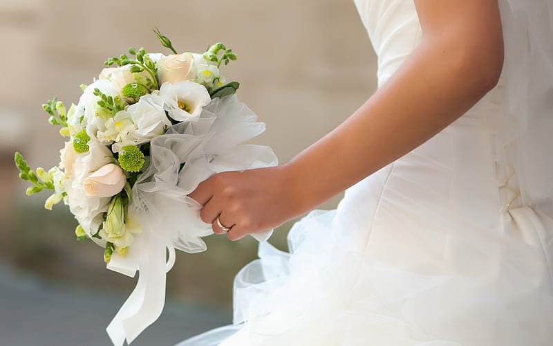 white wedding bouquet, bride, hands, white dress, wedding concepts, bridal bouquet, HD wallpaper