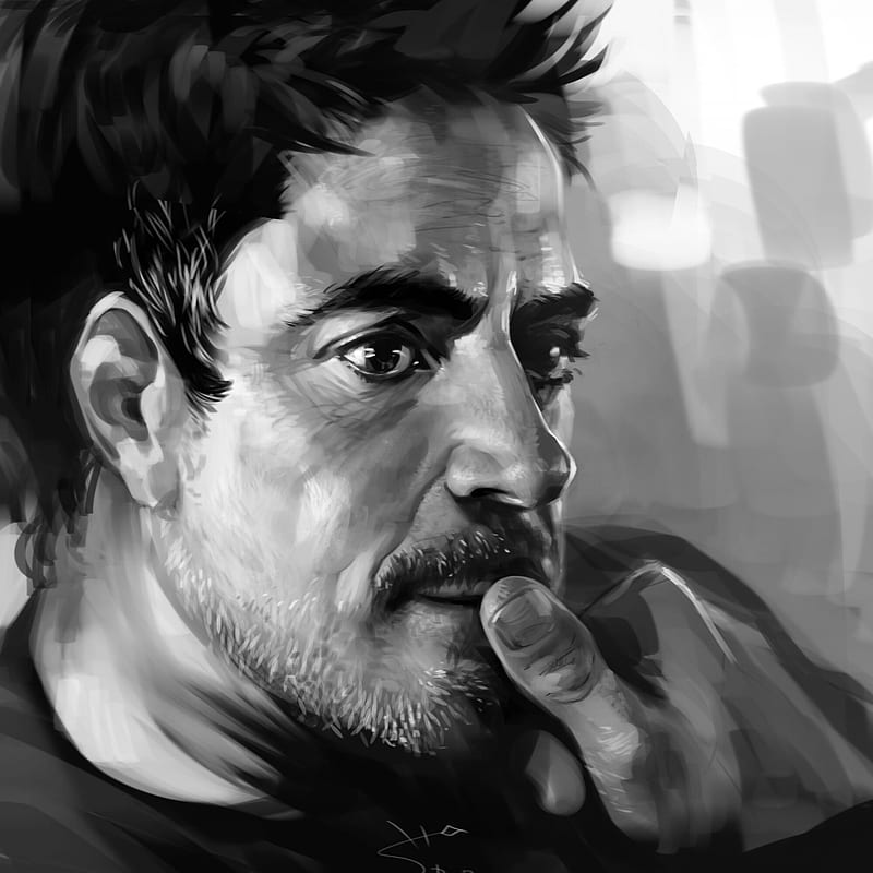 Robert Downey jr, bw, face, tony stark, iron nan, portrait, actor, art, vera velichko, man, HD wallpaper