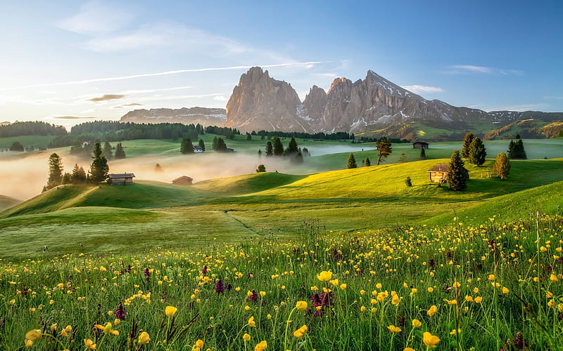 Italy, dolomites, mountains, meadows, fog, Alps, Europe, HD wallpaper