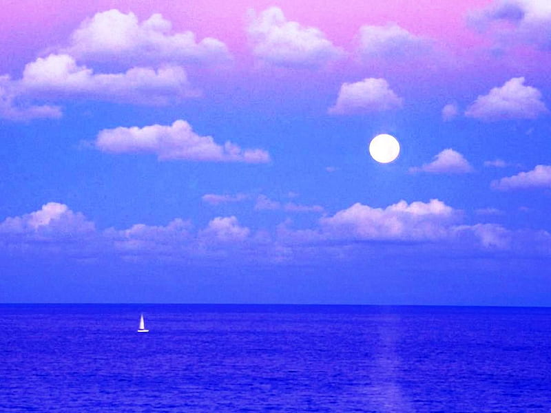 Enchanted Moonrise, oceans, bonito, clouds, sea, graphy, nice, boat, moon, mirror, pink, enchanted, blue, amazing, sky, water, moonrise, 3d, cool, purple, digital, awesome, seascape, nature, sailboat, HD wallpaper