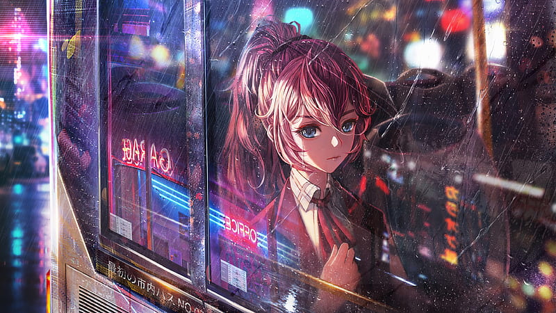 Anime Girl Bus Window Neon City , anime-girl, anime, artist, artwork, digital-art, rain, HD wallpaper