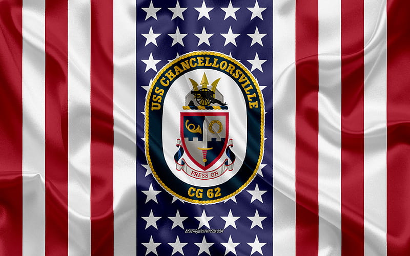 USS Chancellorsville Emblem, CG-62, American Flag, US Navy, USA, USS Chancellorsville Badge, US warship, Emblem of the USS Chancellorsville, HD wallpaper