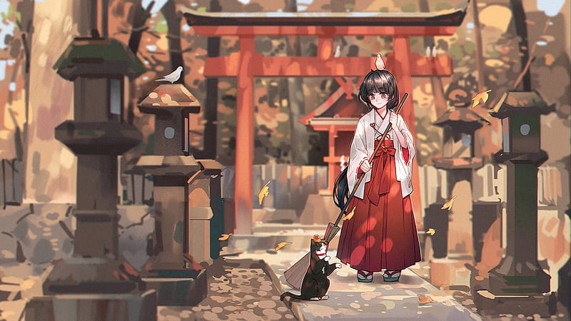 anime girl, miko, shrine, torii, autumn, playful cat, Anime, HD wallpaper