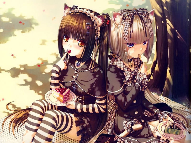 cute girls, catgirl, dress, little, brown, two girls, thigh highs, bows, nice, young, girls, long hair, food, ribbens, catgirls, sexy, cat, cute, lovley, stockings, girl, uniform, frills, cats, two tails, HD wallpaper