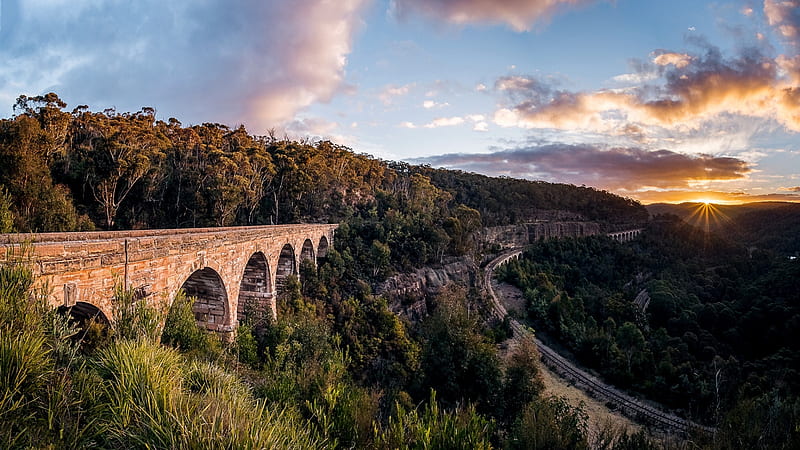 New South Wales Zig-Zag Viaduct, forest, hills, bridge, australia, sunset, clouds, sky, HD wallpaper
