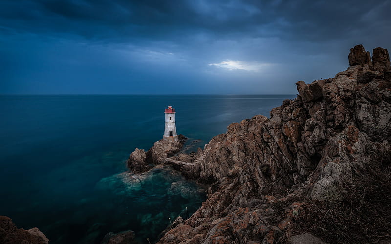 stone lighthouse, evening, sunset, rocks, seascape, lighthouse building, HD wallpaper