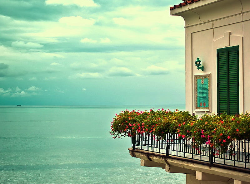 Balcony in Amalfi Italy, windows, house, blue sea, balcony, plants, red flowers, blue sky, beautiful sky, HD wallpaper