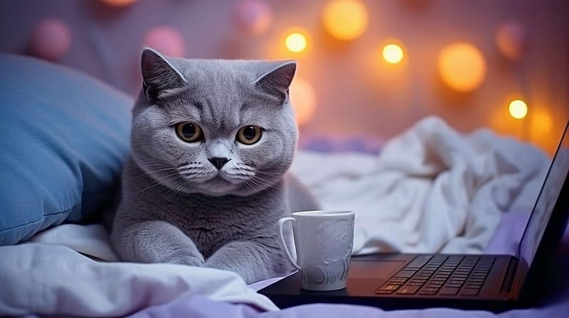 Kitten, tea, cica, macska, laptop, allat, aranyos, agy, kenyelmes, haloszoba, hazi kedvenc, HD wallpaper