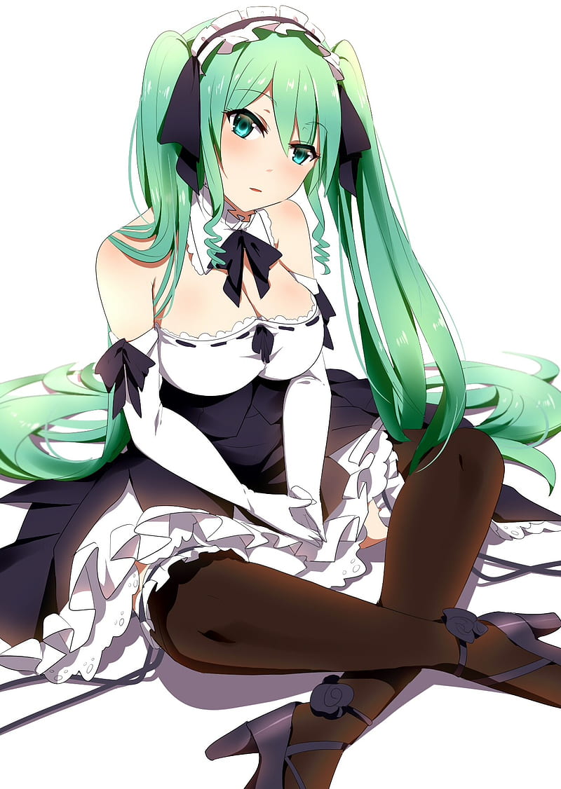 green hair, green eyes, anime girls, high heels, long hair, cleavage, twintails, maid outfit, HD phone wallpaper