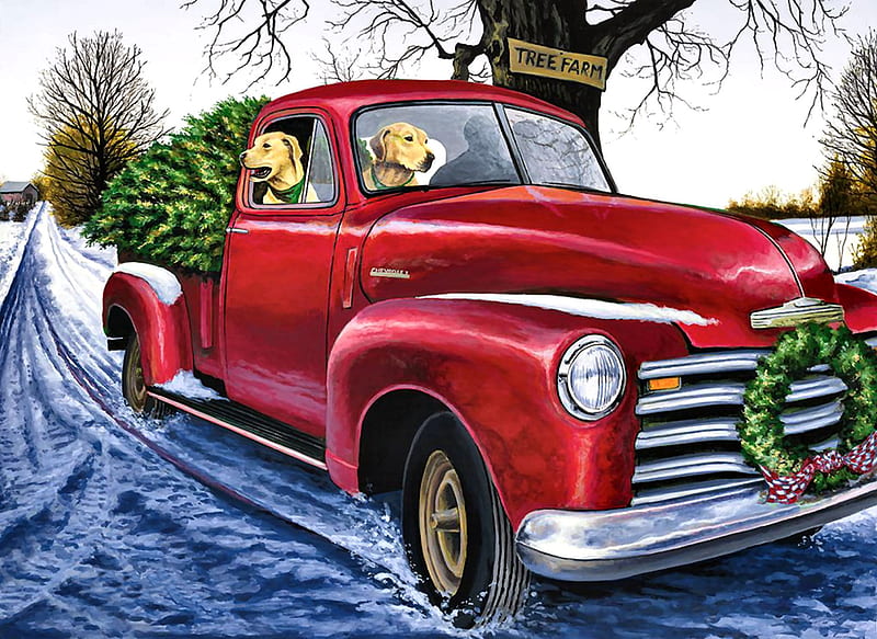 Tree Farm FC, Christmas, christmas tree, December, bonito, illustration, artwork, canine, painting, wide screen, scenery, art, holiday, winter, snow, occasion, pickup truck, dogs, HD wallpaper