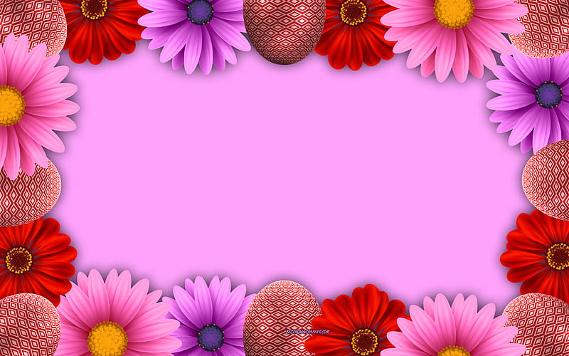 Easter frame, pink background, spring flowers, chrysanthemums, Easter, frames, Easter red eggs, HD wallpaper