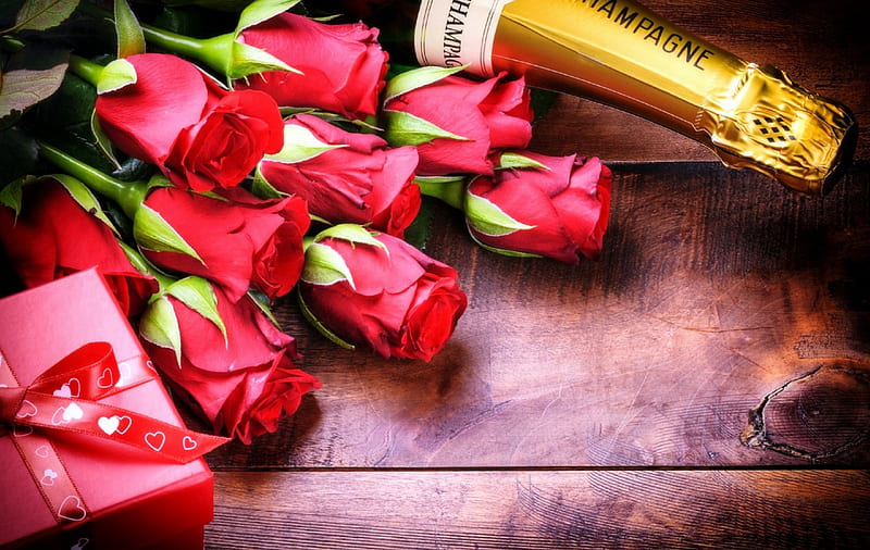 Romantic Valentine's Day, valentines, red, pretty, holidays, lovely, romantic, colors, love four seasons, bonito, roses, gift, graphy, love, champagne, bottles, beloved valentines, HD wallpaper