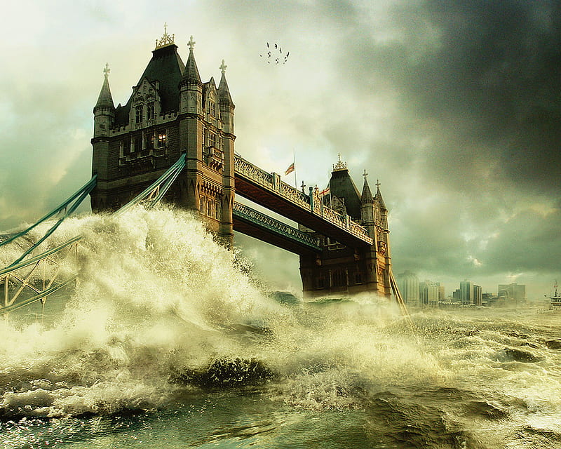The Flood Waves over London Bridge (3D), disaster, catastrophe, england, tower bridge, its so cool, flood waves, waves, bridge, calamity, flood, HD wallpaper