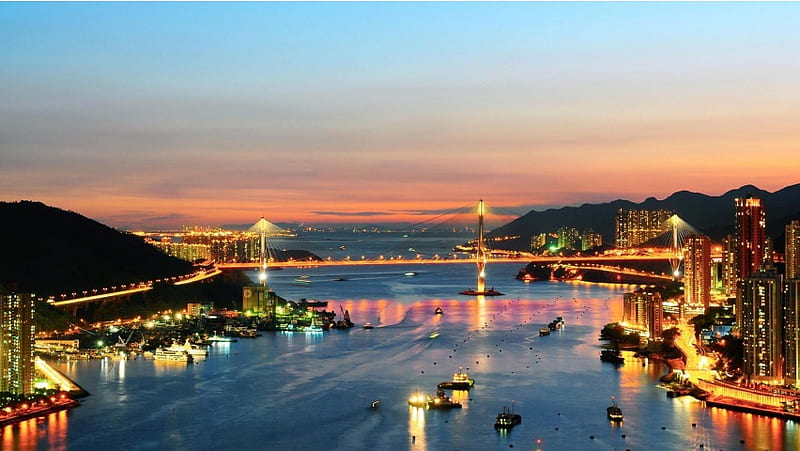 Hong Kong Bridge Sunset Lights, HD wallpaper