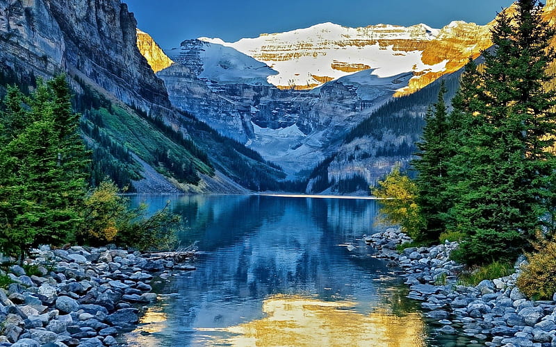 canada, sunset, banff, lake louise, spring, mountains, beautiful lake, HD wallpaper