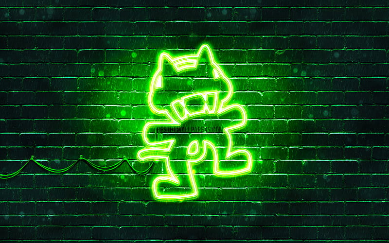 Monstercat green logo superstars, green brickwall, Monstercat logo, artwork, music stars, Monstercat neon logo, Monstercat, HD wallpaper