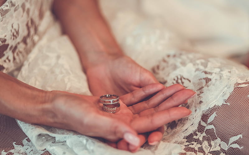wedding rings, bride, white dress, ring in hand, wedding, HD wallpaper
