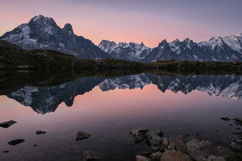 lake, mountains, reflection, dusk, landscape, HD wallpaper