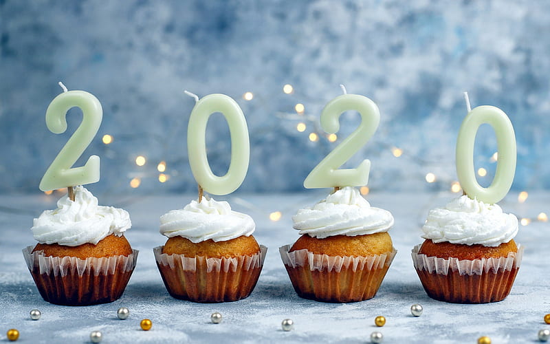 New Year 2020, celebration, 2020, graphy, cupcakes, numericals, numbers, HD wallpaper