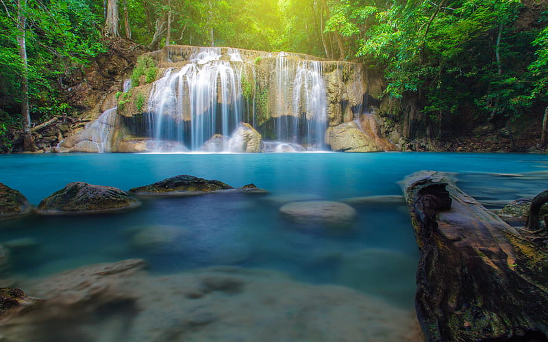 blue lake, rainforest, waterfall, jungle, Thailand, hiking, beautiful forest waterfall, HD wallpaper