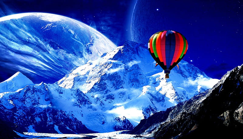 Hot Air Balloon over Snow-Covered Mountains, 3D and CG, snow, mountains, landscapes, hot air balloons, abstract, winter, HD wallpaper