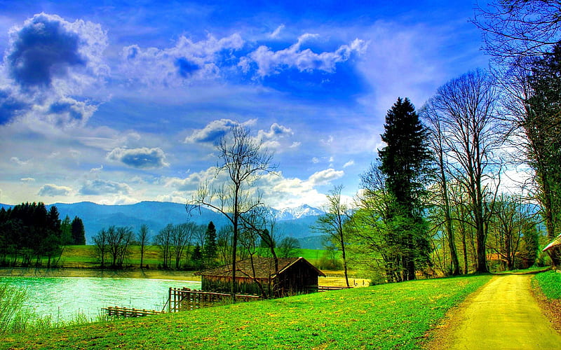 LAKESIDE CABIN, lakeside, CLOUDS, mountains, air, cabin, road, trees, landscape, HD wallpaper