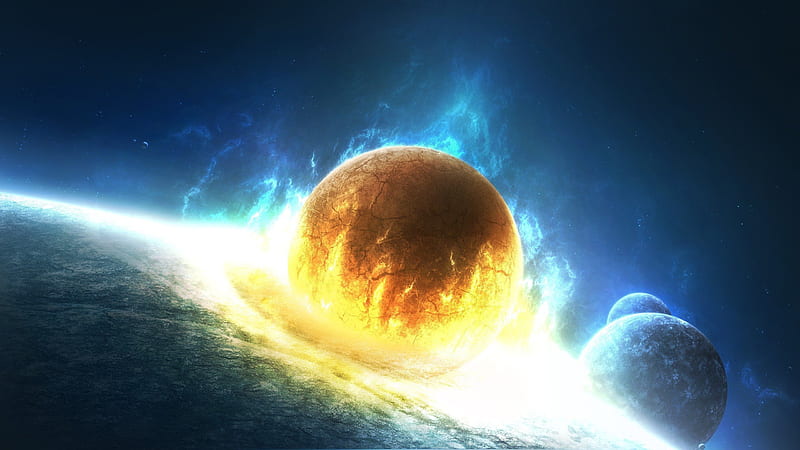 Outer space stars explosions planets fire Earth artwork collision ., Planetary Collision, HD wallpaper