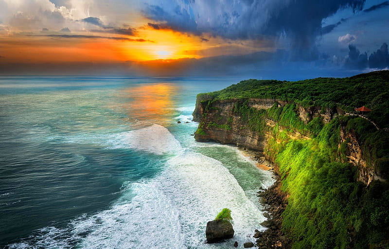 Unforgettable..., orange, yellow, bonito, sunset, waves, sky, clouds, sea, beach, green, cliff, rain, white, light, HD wallpaper