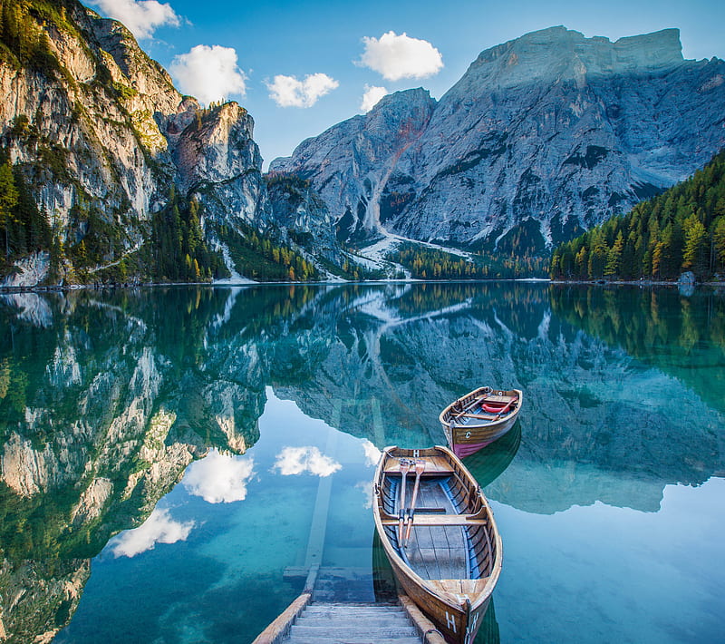 Lake, boats, mirror, mountains, reflection, HD wallpaper
