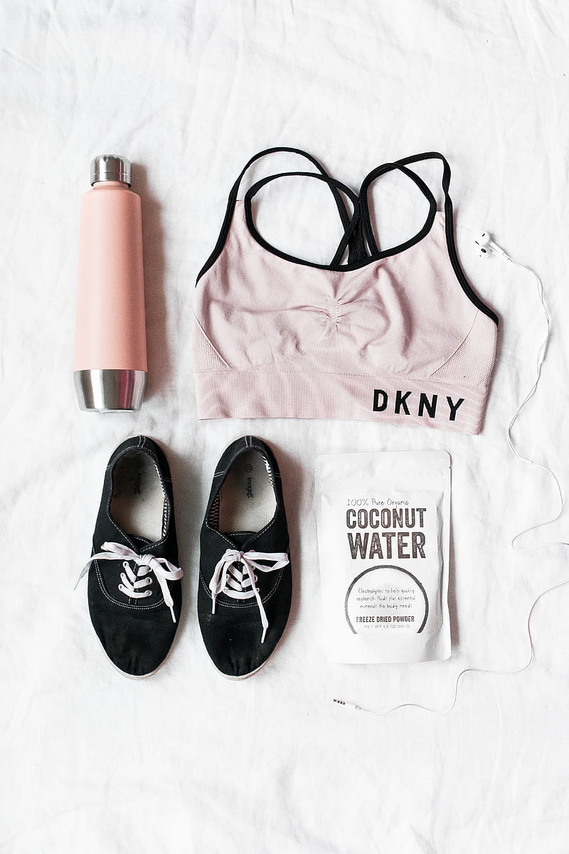 pair of black lace-up shoes near DKNY sport bra, HD phone wallpaper