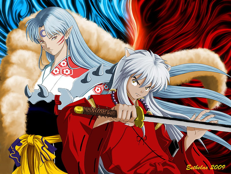 Inuyasha and Sesshoumaru, red, male, sesshoumaru, boy, blade, sesshoumoru, anime, katana, inuyasha, sword, blue, HD wallpaper