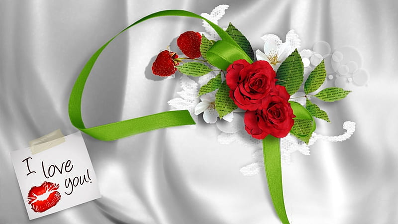 Red Roses on White Satin, red roses, satin, green ribbon, romantic, berries, lace, love, Firefox Persona theme, HD wallpaper