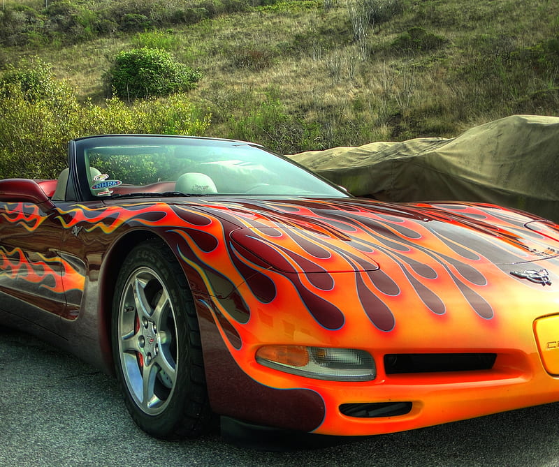 Corvette Flames, auto, car, chevy, fire, HD wallpaper