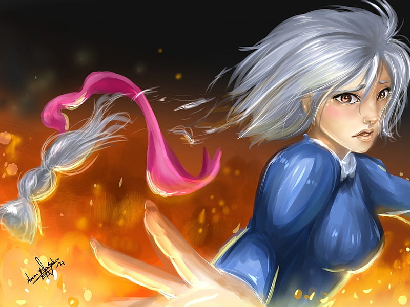 ~Sophie~, short hair, fire, movie, anime, Sophie, tears, pink ribbon, Howls Moving Castle, HD wallpaper
