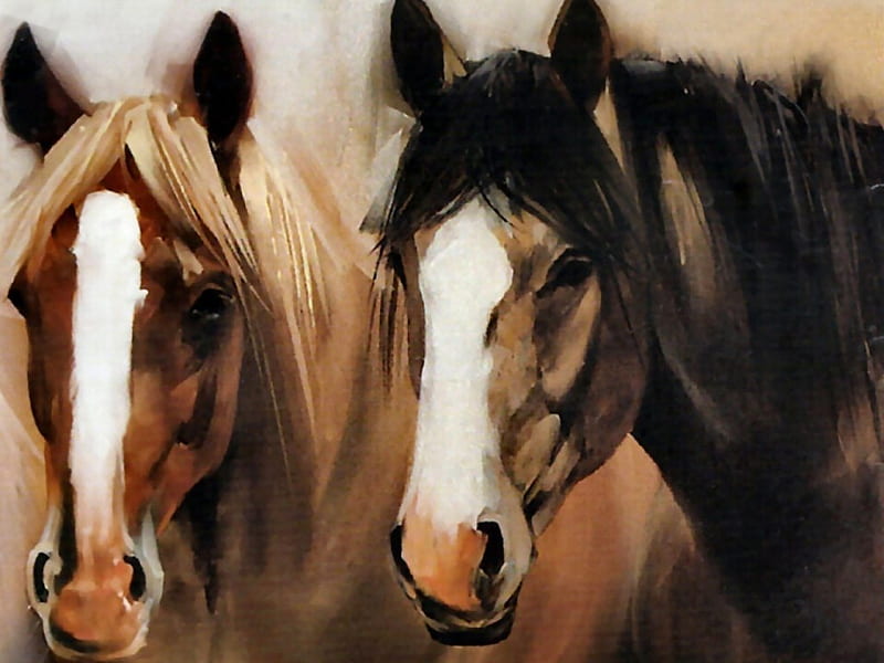 2 Pals - Horses F2, art, buddies, painting, pals, equine, horse, artwork, HD wallpaper