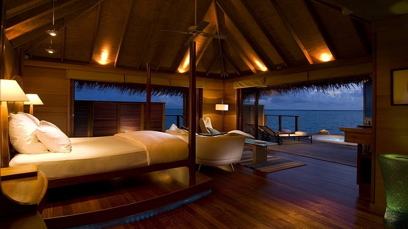 Maldives Water Villa, architecture, hotel, vacation, indoor, bedroom, Honeymoon Suite, HD wallpaper