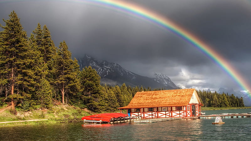 House On Body Of Water With Rainbow Over River Rainbow, HD wallpaper