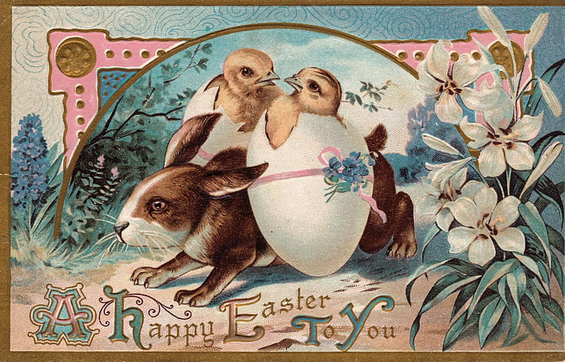 Happy Easter!, rabbit, chicken, easter, card, cute, egg, flower, bunny, funny, pink, blue, vintage, HD wallpaper