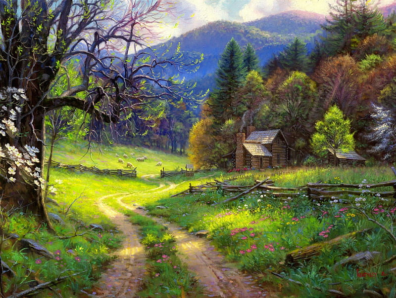 Road to Yesteryear, forest, art, house, grass, cottage, bonito, spring, trees, freshness, mountain, painting, flowers, path, nature, road, HD wallpaper