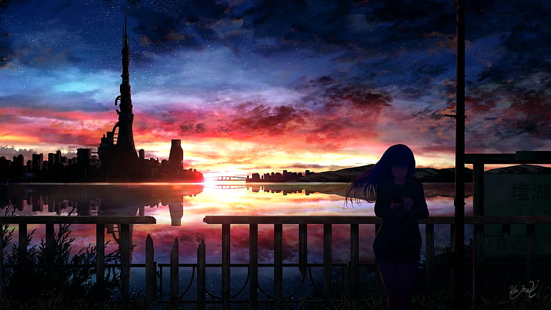 anime landscape, skyscraper, sunset, anime girl, fence, scenery, Anime, HD wallpaper